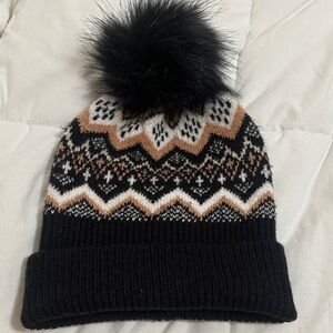LOFT Black and Tan Pom Pom Knit Beanie